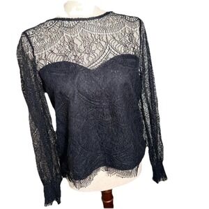 Black Lace Long Sleeve Sheer Keyhole Back Top Blouse